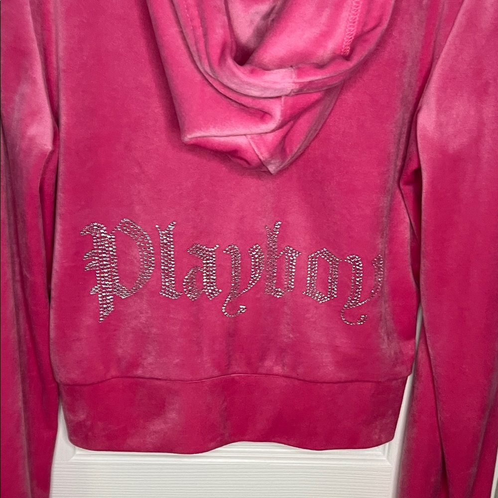 PLAYBOY Pink Velour Full Zip Hoodie Rhinestone Bunny Logo Size Small - Picture 6 of 9